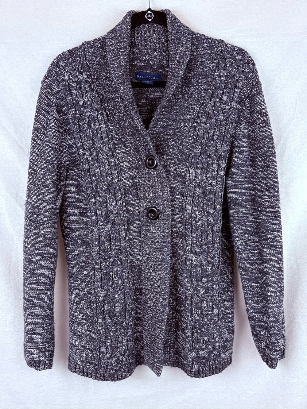 Karen Scott Marled Gray Shawl-Collar Cable Cardigan